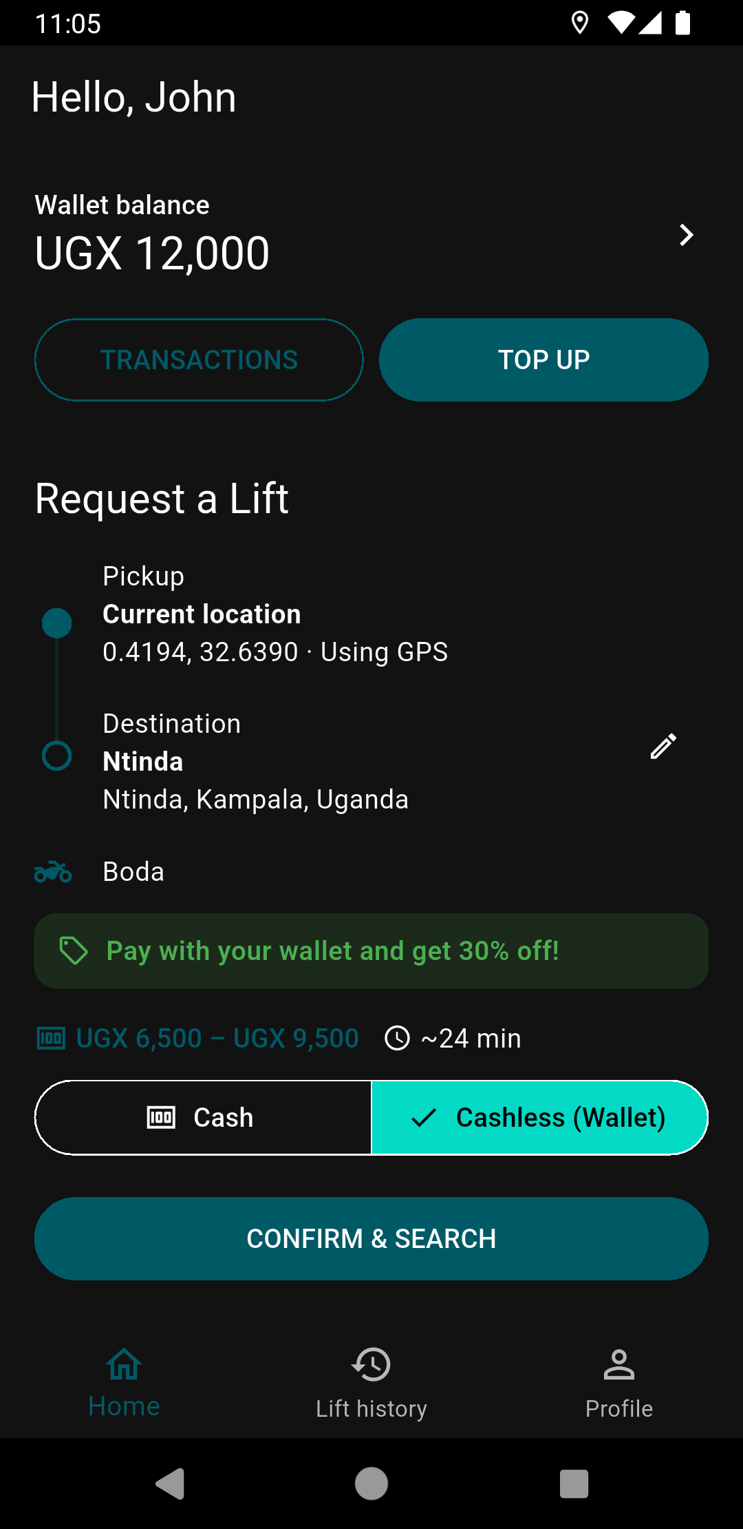 Upfront fare estimate and wallet discount in LiftGig
