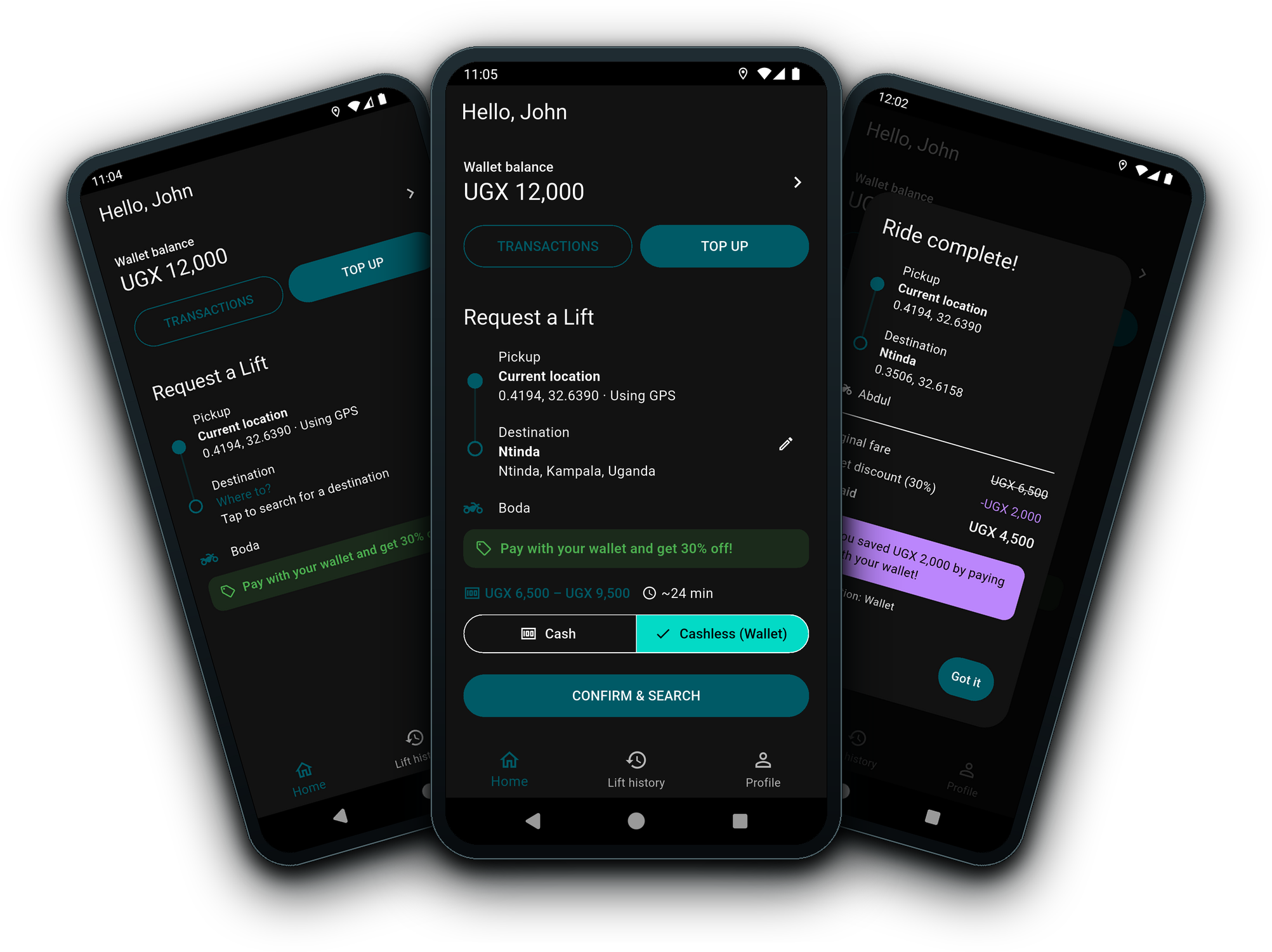 LiftGig app screens: request a lift, an upfront fare estimate with a wallet discount, and a ride in progress