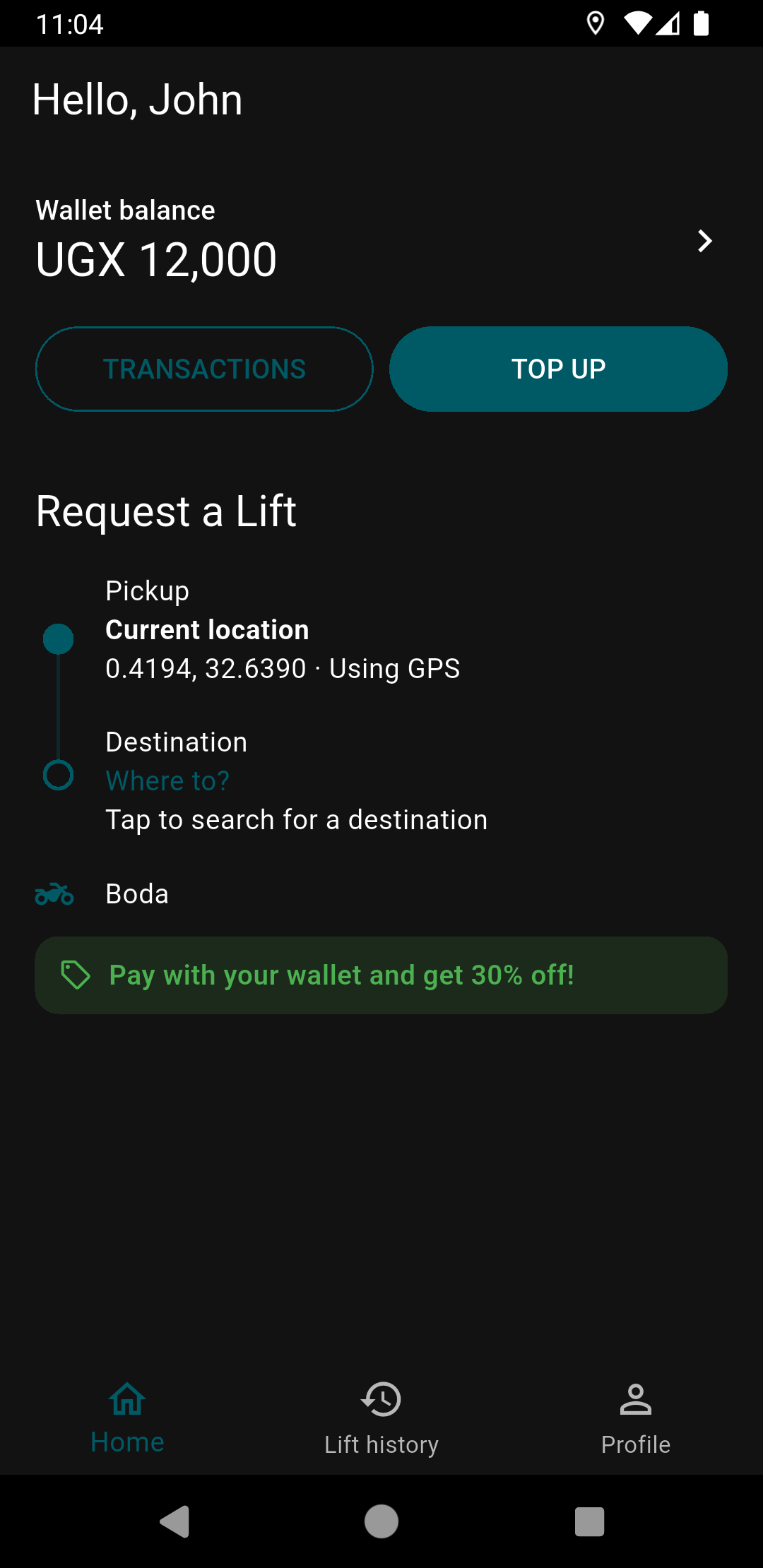 LiftGig home screen — request a lift with your wallet balance