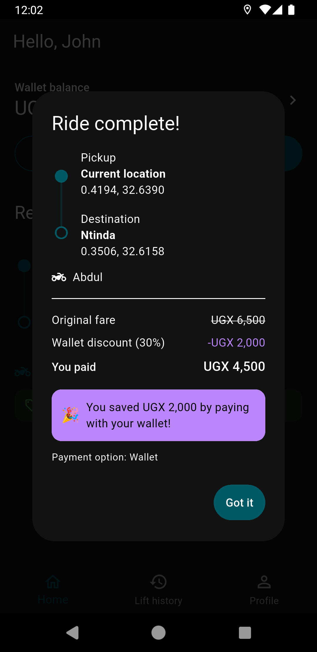 Ride complete summary showing wallet savings
