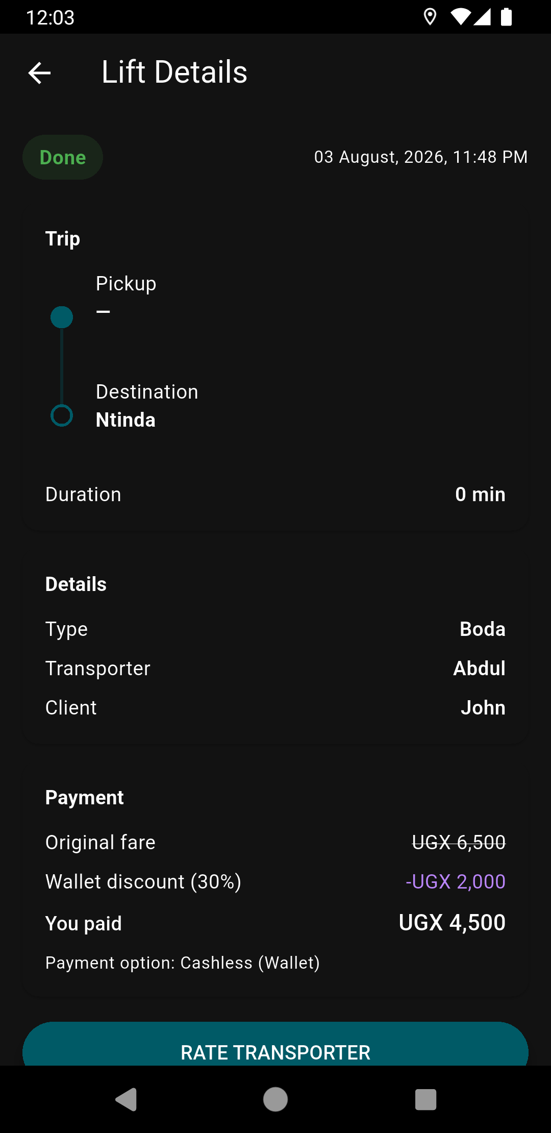 Lift details and rate your transporter in LiftGig